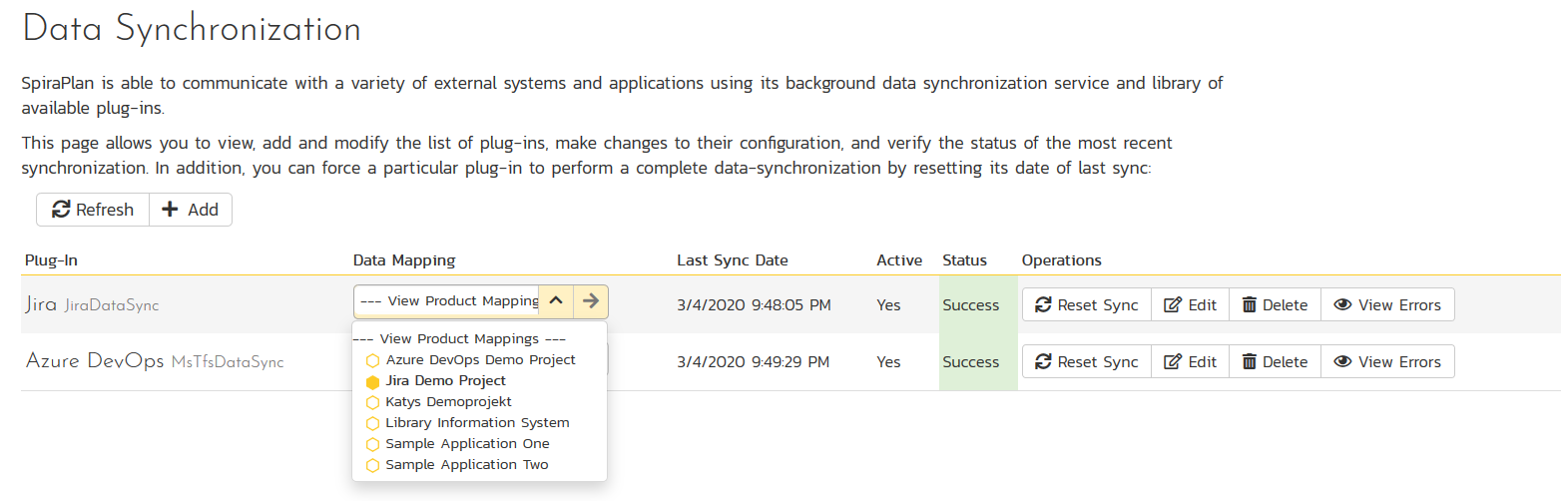 SpiraTest data synchronization service with Jira and Azure DevOps plugins active