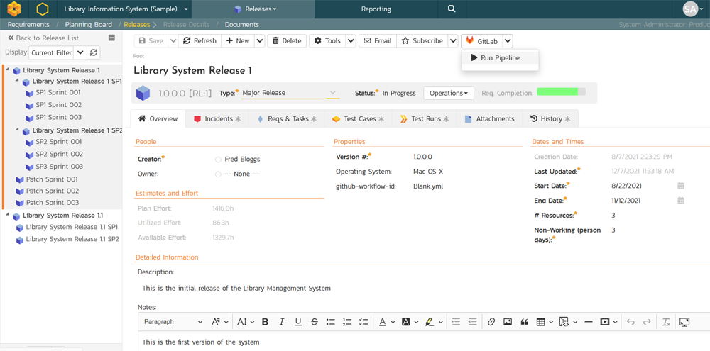 Release page in SpiraPlan with GitLab Pipeline Plugin