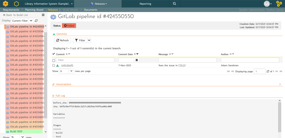 Build Details page in Spira showing sample GitLab CI Pipeline Event