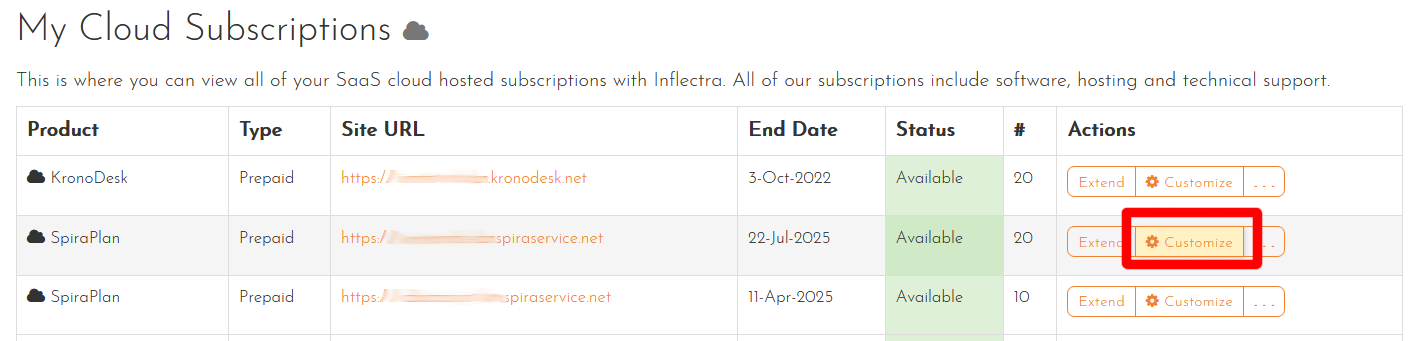Customer area showing Spira cloud subscriptions