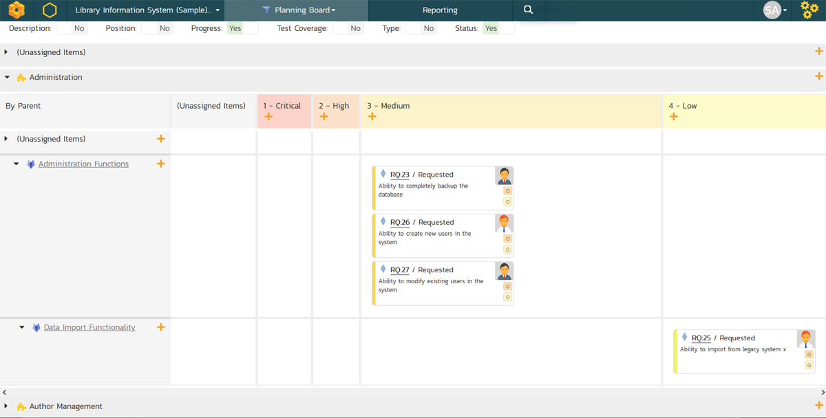 Agile board showing product backlog, grouped by component, rows by parent, showing cards