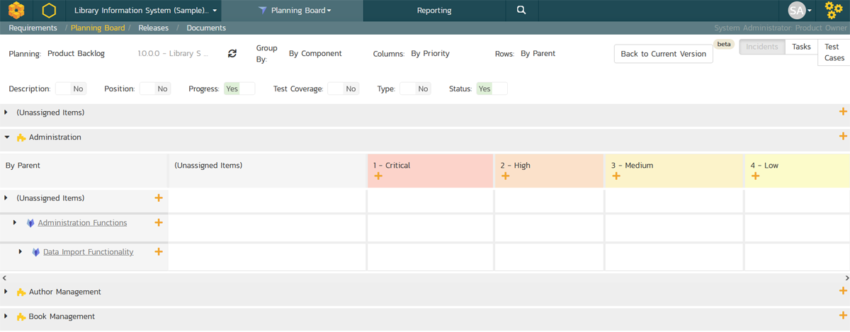 Agile board showing product backlog, grouped by component, rows by parent