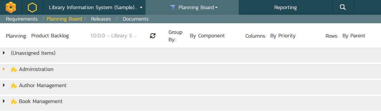 Agile board showing product backlog, grouped by component