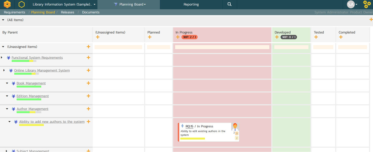 Agile board showing epics vs. status with Kanban WIP limits visible