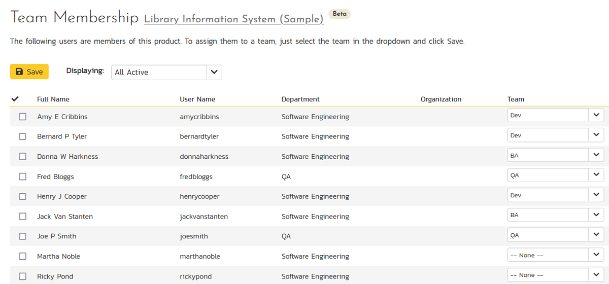 Administration page where you can specify the team a user belongs to on a specific project/product.