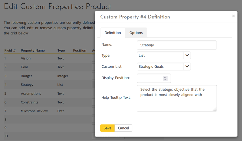Adding / editing a product custom property definition