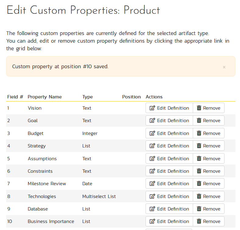 The updated list of product custom properties