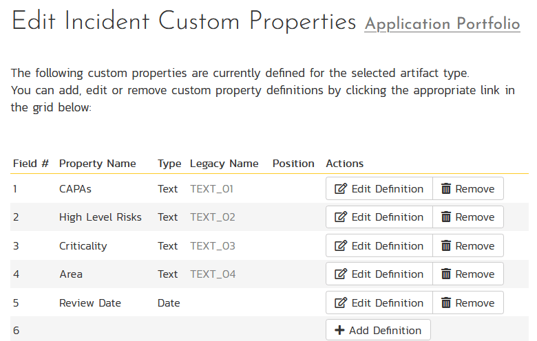 List of incident custom properties for change requests