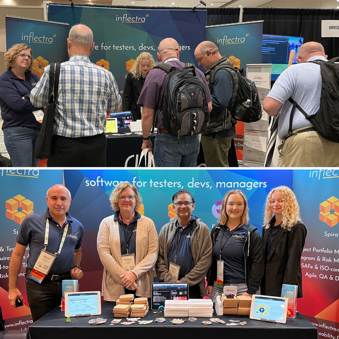 two-photos-of-inflectra-team-at-agile-devops-east-booth-with-attendees-image