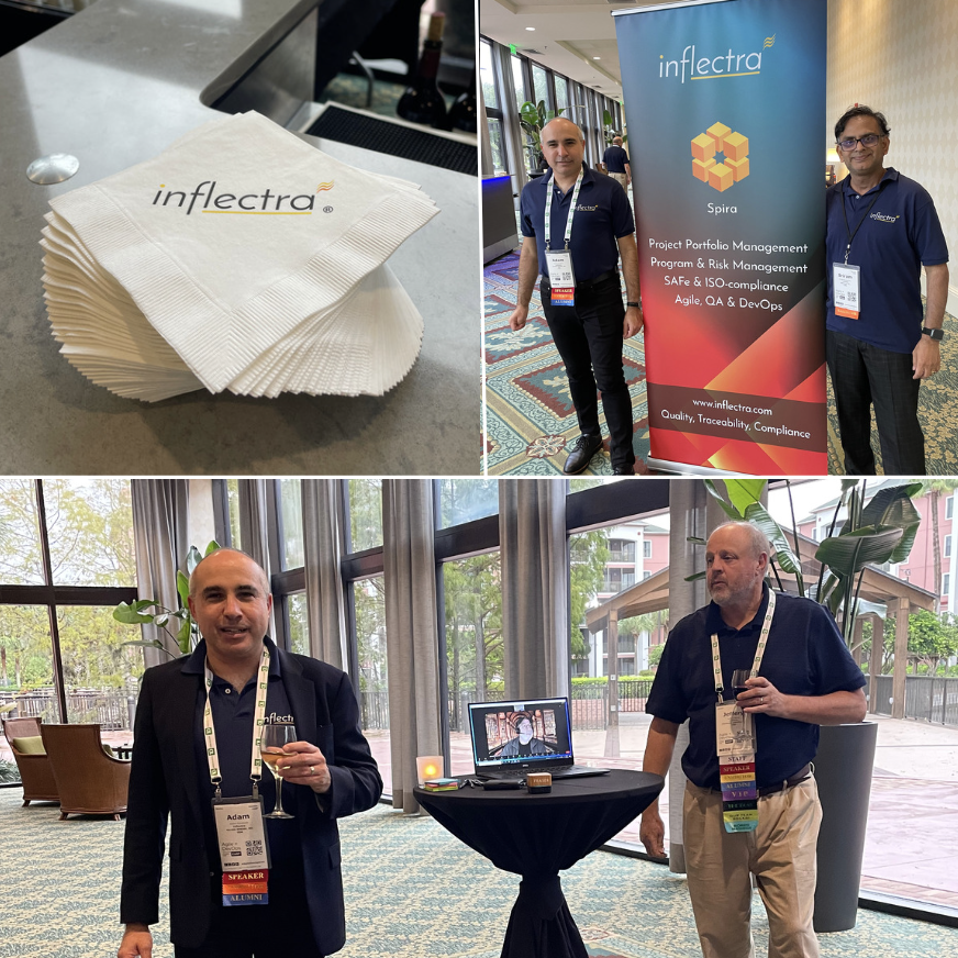inflectra-sponsoring-leadership-summit-photo-grid-white-napkins-with-inflectra-logo-inflectra-banner-with-adam-and-sriram-and-thank-your-announcement-from-us-and-business-partner-with-remote-attendee-image
