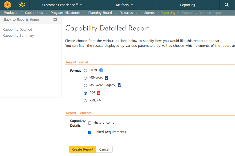 The reporting configuration page