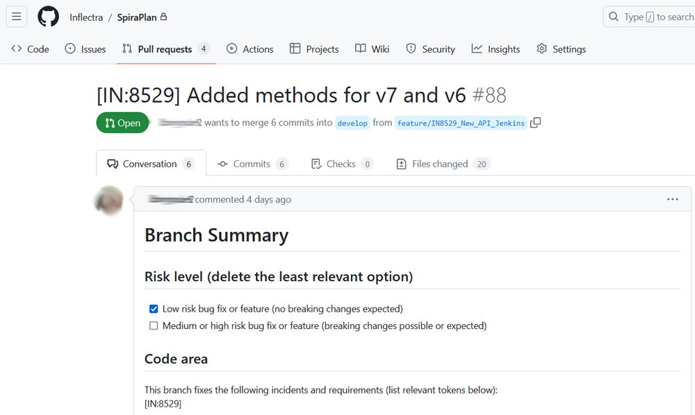 The pull request in GitHub
