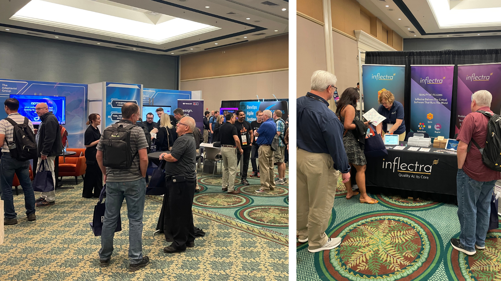 photo-collage-of-inflectra-at-agile-devops-east-conference-crowd-view-on-left-booth-with-attendees-on-right-image