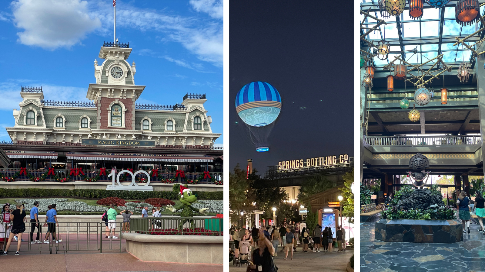 photo-collage-inflectra-adventure-into-disneyworld-in-orlando-magic-kingdom-on-left-disney-springs-hot-air-balloon-in-middle-polynesian-resort-lobby-on-right-image