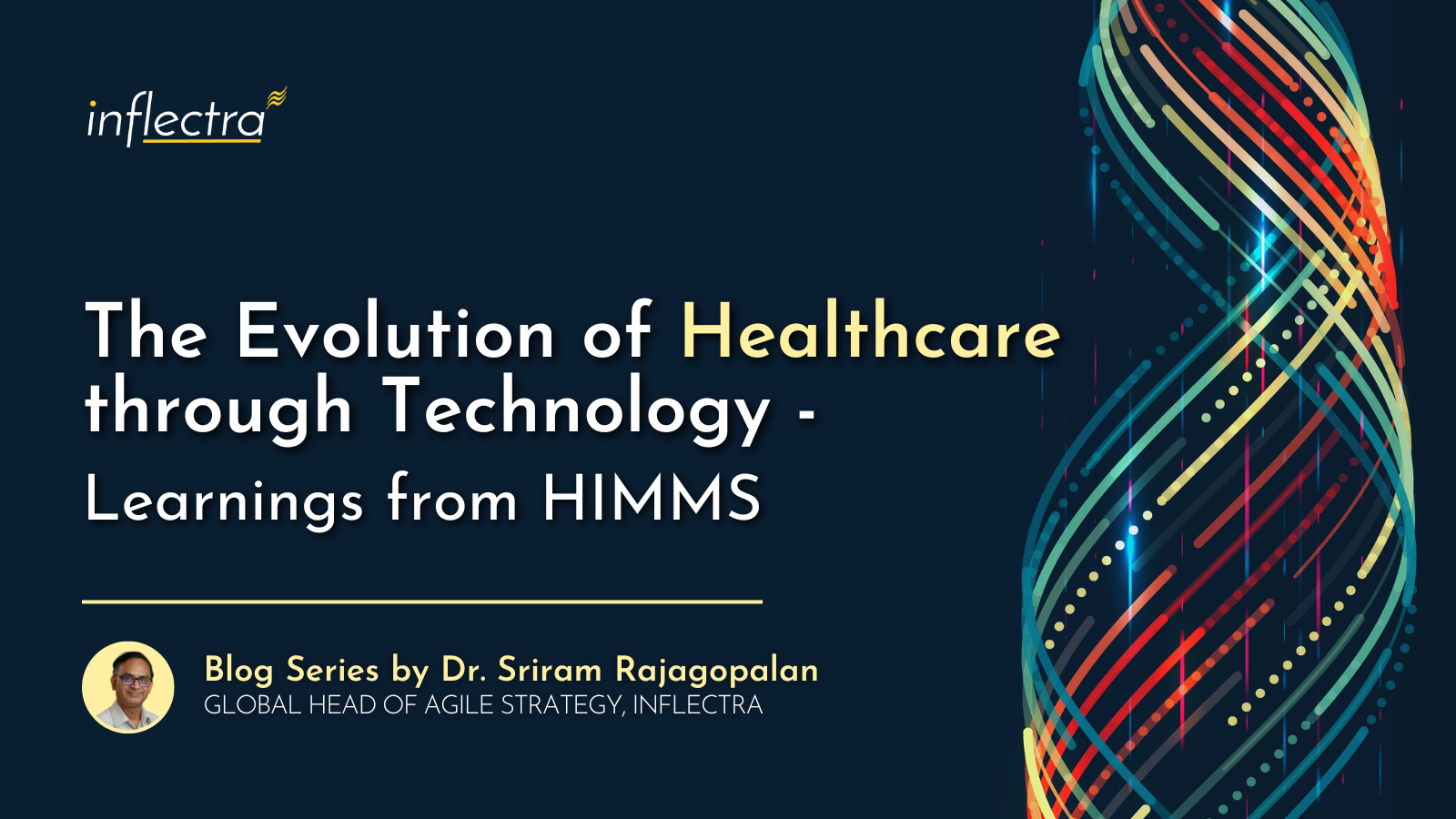 A slide titled “The Evolution of Healthcare Through Technology - Learnings from HIMSS" by Dr. Sriram Rajagopalan, Global Head of Agile Strategy at Inflectra.