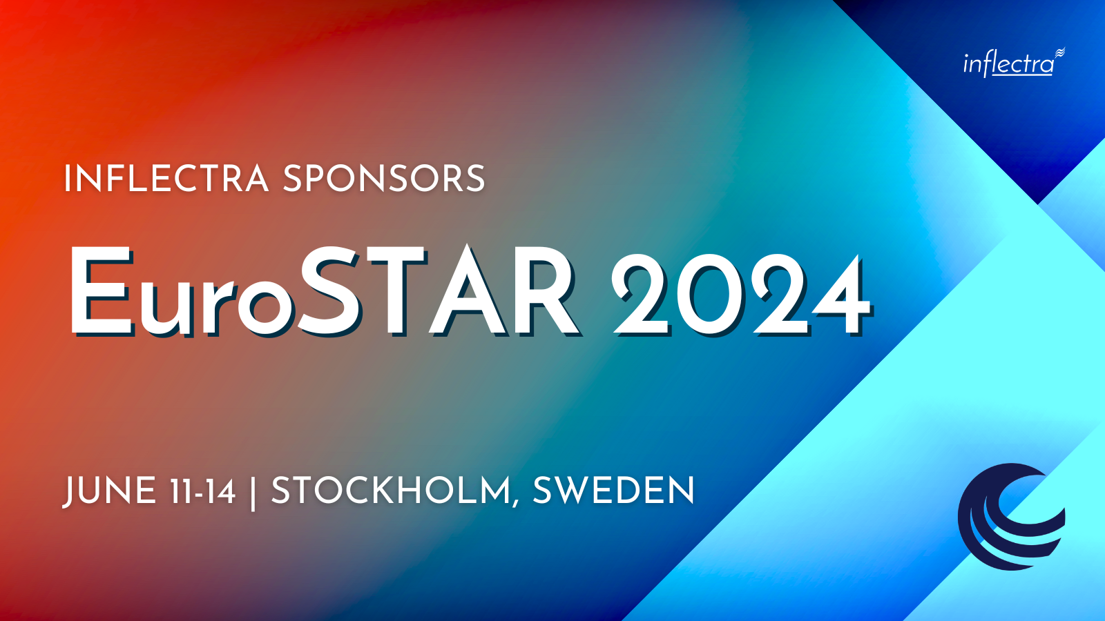 Image of a banner advertising EuroSTAR 2024, a software testing conference taking place June 11-14 in Stockholm, Sweden. The banner also shows the sponsor Inflectra.