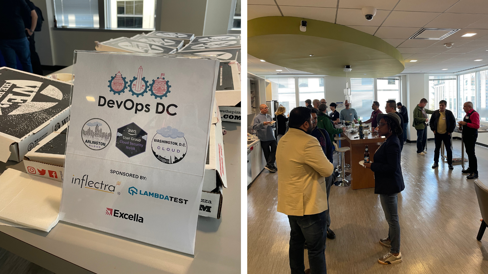 Collage of side by side images: (Left) Flyer for DevOps DC user group meetup in Arlington, VA in front of pizza. Sponsored by Inflectra, Lambdatest, and Excella. (Right) attendees networking in kitchen area.