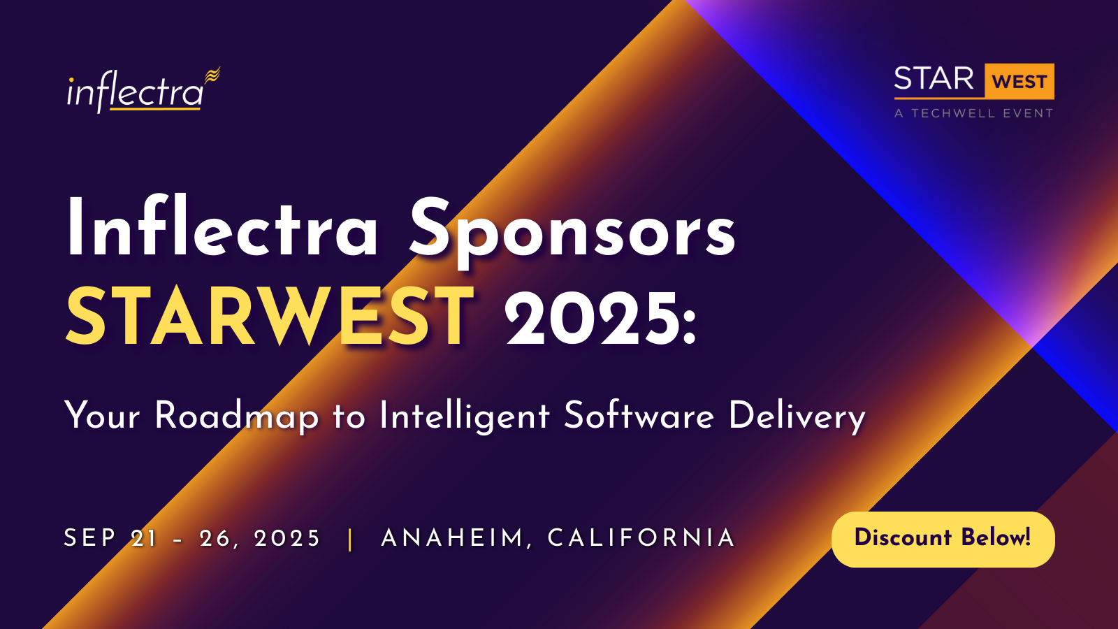 A promotional image for Intectra's sponsorship of the STARWEST 2025 event. Text reads: "Inflectra Sponsors STARWEST 2025: Your Roadmap to Intelligent Software Delivery," along with the dates "SEP 21 - 26, 2025" and location "ANAHEIM, CALIFORNIA." A yellow banner in the bottom right corner says "Discount Below!"