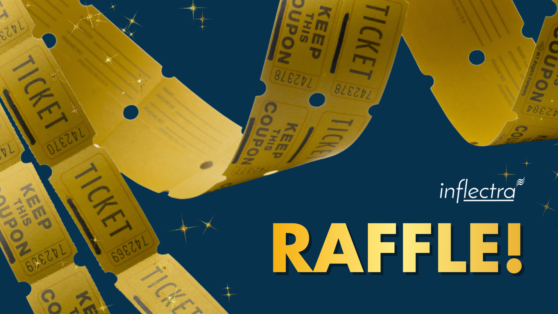 A promotional graphic for an Inflectra raffle. The image features a dark blue background with gold sparkling accents and several strings of golden-yellow raffle tickets winding across the frame. The word "RAFFLE!" is written in large, bold gold letters, and the "inflectra" logo is in white above it.
