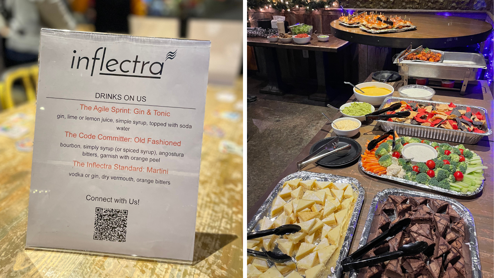 A composite image from the Inflectra networking event. The left photo is a close-up of a clear acrylic sign listing three Inflectra-themed signature cocktails: 'The Agile Sprint: Gin & Tonic,' 'The Code Committee: Old Fashioned,' and 'The Inflectra Standard: Martini.' The right photo shows a large, festive catering display with a variety of appetizers, including a vegetable platter with dip, a cheese platter, a brownie platter, and a self-serve nacho bar with various toppings and sauces.