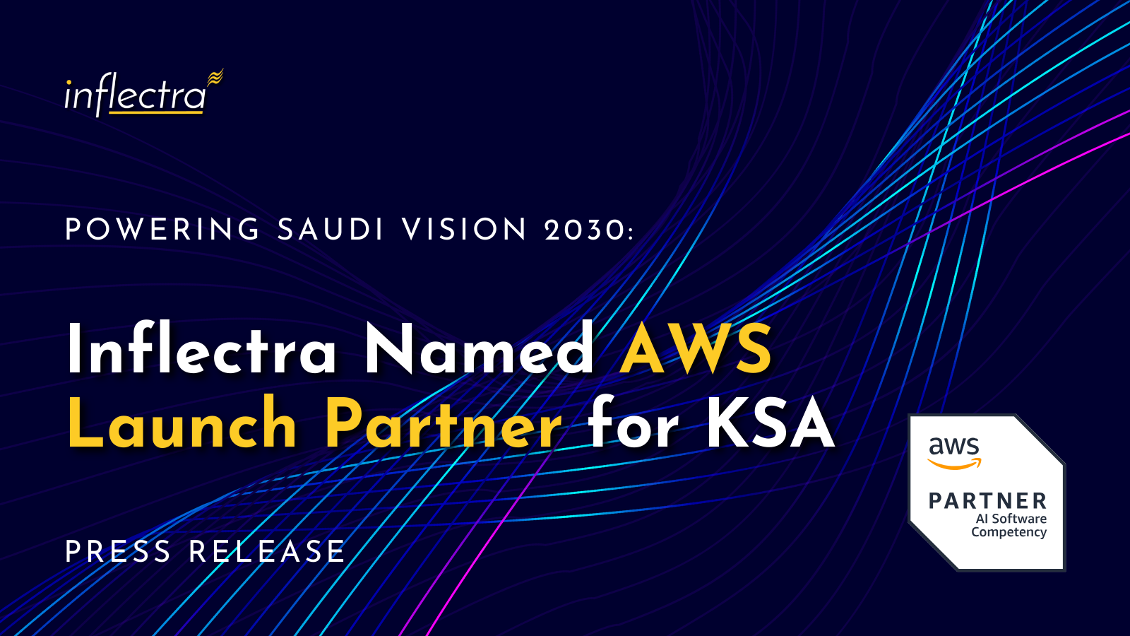 Promotional image with a dark blue background and abstract, wavy neon blue and pink lines. Top left features the Inflectra logo. The central text reads: "POWERING SAUDI VISION 2030: Inflectra Named AWS Launch Partner for KSA." The bottom left says "PRESS RELEASE." In the bottom right corner, there is an official "AWS Partner" badge specifying "Generative AI Software Competency."