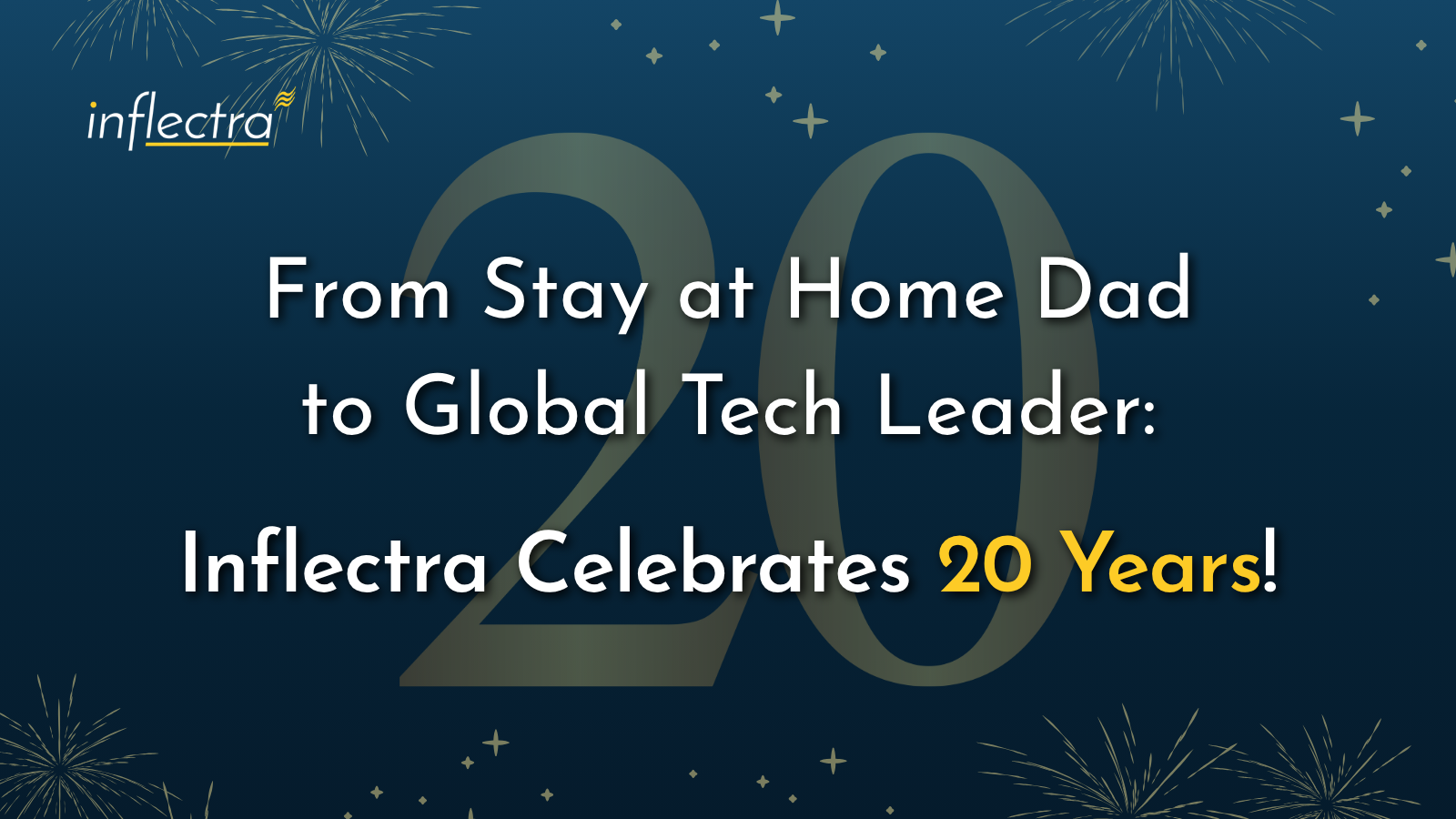 Promotional graphic for "Anniversary Announcement Post (1).jpg" featuring a dark blue background adorned with gold fireworks and stars. A large, faint number "20" sits in the center behind the main text, which reads: "From Stay at Home Dad to Global Tech Leader: Inflectra Celebrates 20 Years!" The Inflectra logo is visible in the top left corner.