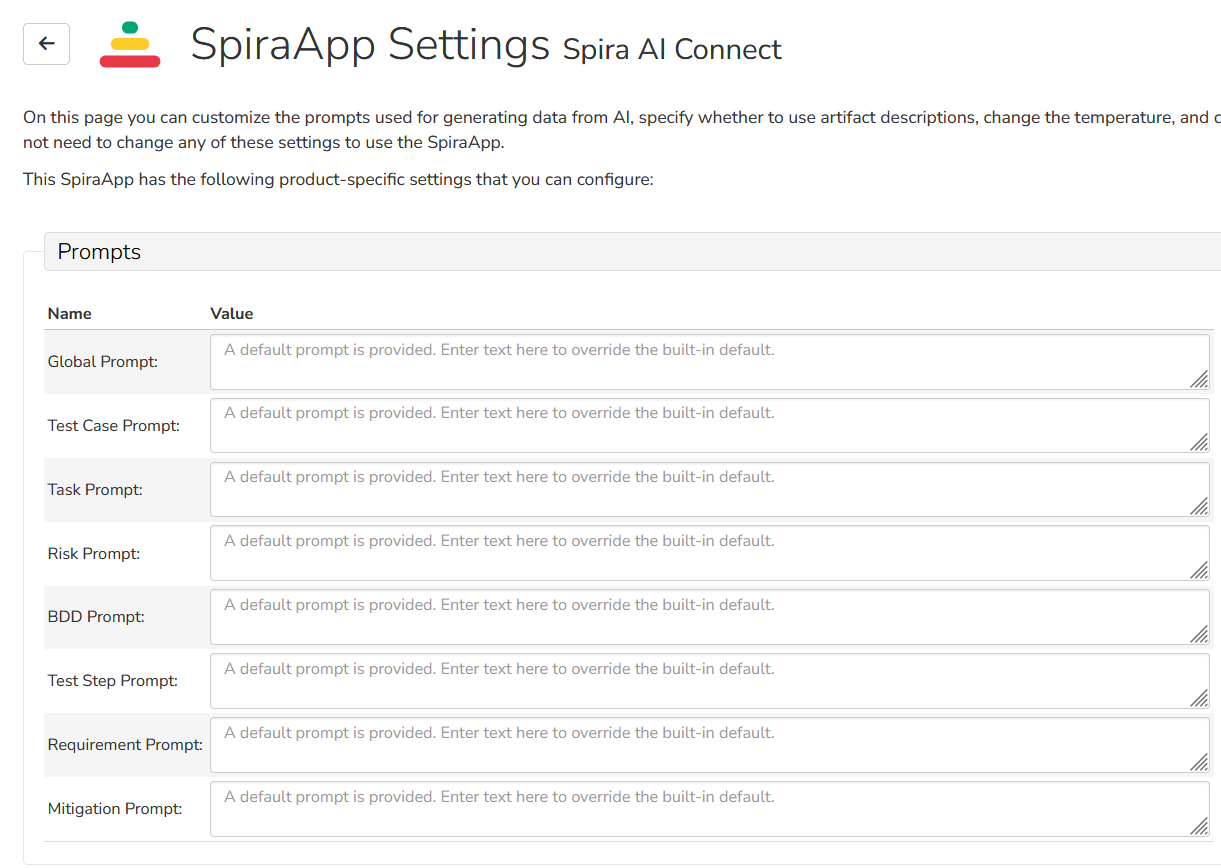 Spira AI Connect Prompt Settings