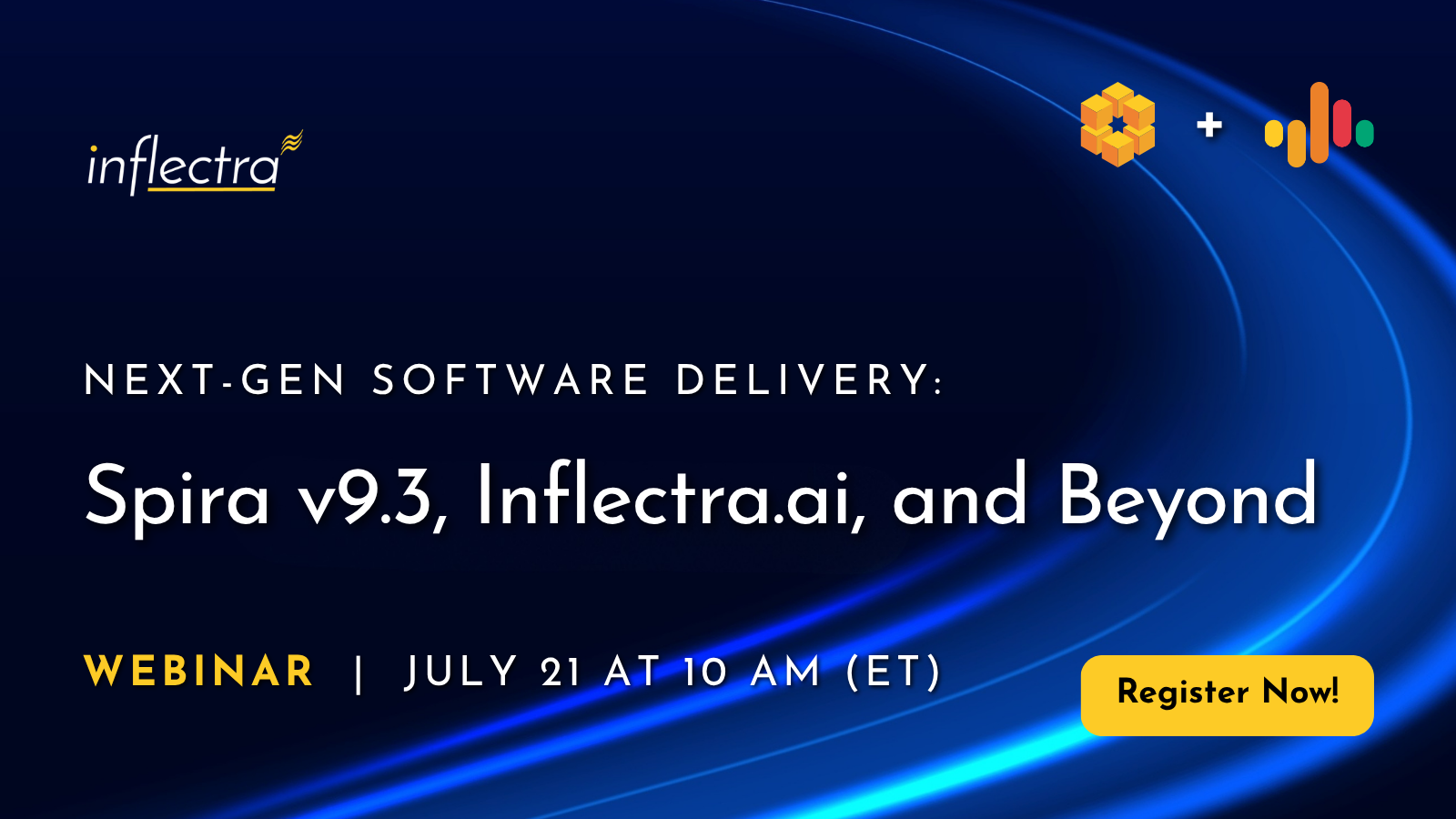 Promotional banner graphic for an Inflectra webinar titled "NEXT-GEN SOFTWARE DELIVERY: Spira v9.2, Inflectra.ai, and Beyond." The image features a dark blue background with dynamic, glowing blue light curves. The top-left displays the Inflectra logo, and the top-right shows a yellow cube icon next to a multicolored audio-wave icon joined by a plus sign. The bottom of the image includes text reading "WEBINAR | JULY 21 AT 10 AM (ET)" alongside a yellow call-to-action button that reads "Register Now!"
