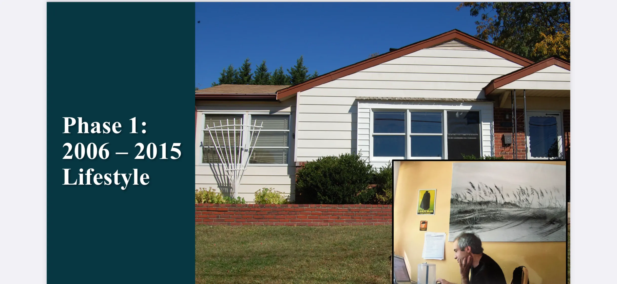 A slide titled "Phase 1: 2006 – 2015 Lifestyle" on a dark teal background. To the right is a photo of Adam Sandman’s first home—a single-story, white-sided suburban house with a red brick garden wall and a clear blue sky. In the bottom right corner, an inset photo shows Adam Sandman working at a desk inside the home during the company's early days, sitting in front of a yellow wall with artwork and a Sandeman brand poster.