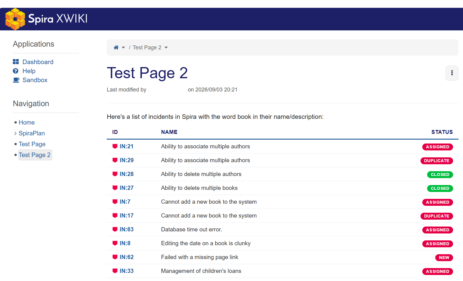 SpiraPlan XWiki Extension showing a list of incidents