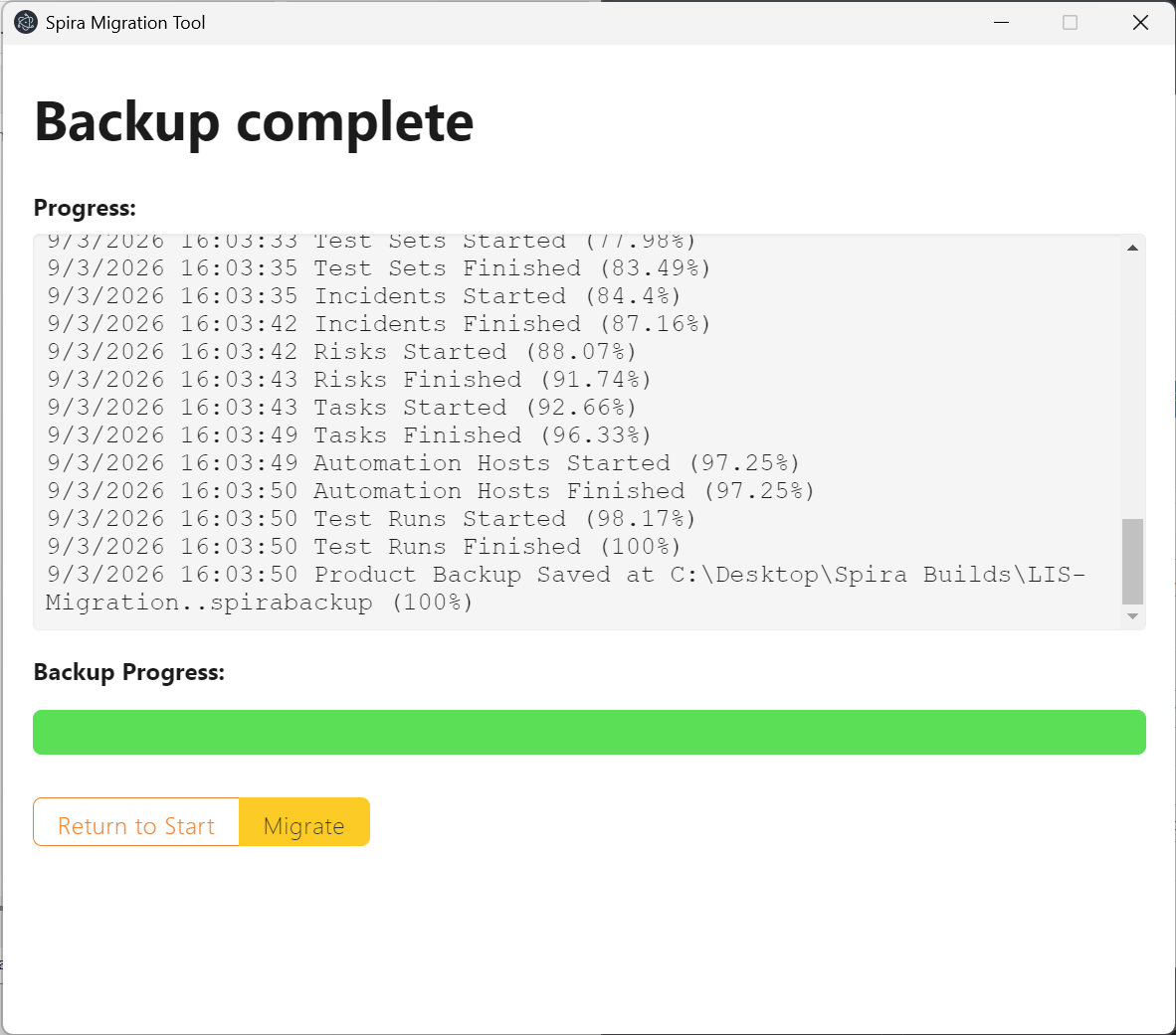Backup progress screen