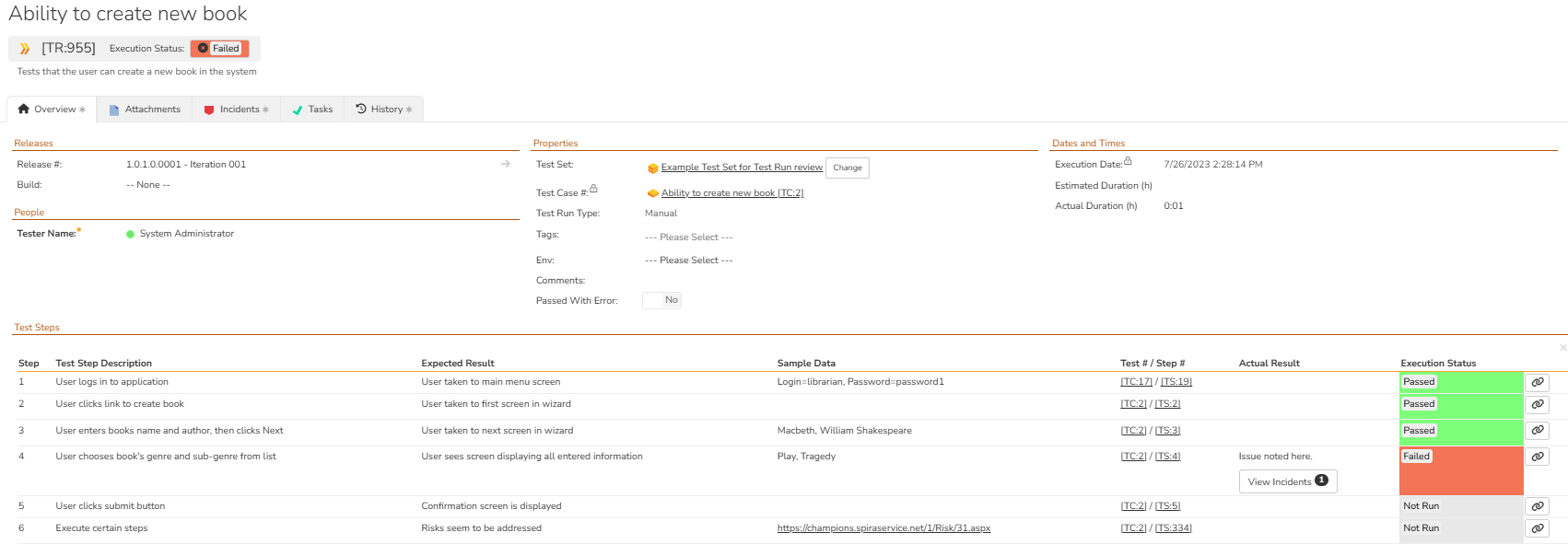Including Results of the Test Run Steps