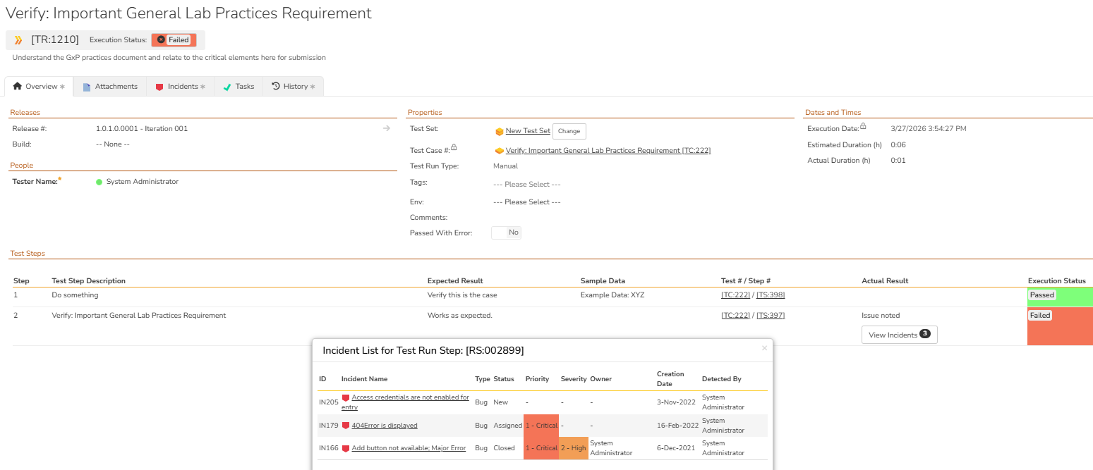 Another Test Run with 3 Incidents to a Failed Test Run Step